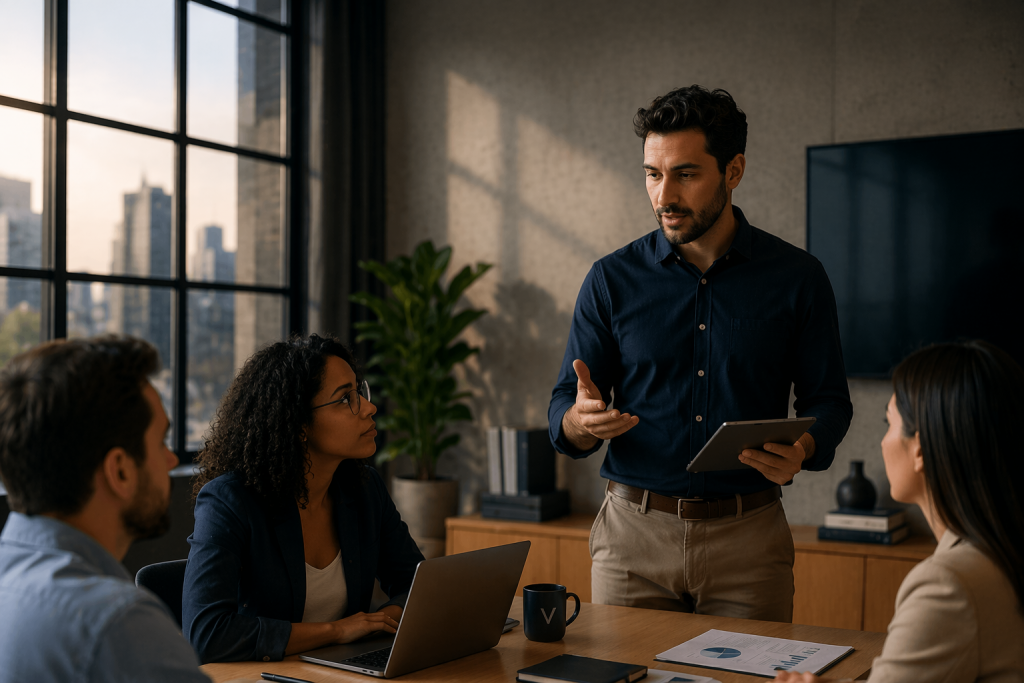 Reunião de gestão condominial com equipe analisando dados financeiros e operação de condomínio em São Paulo
