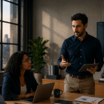 Reunião de gestão condominial com equipe analisando dados financeiros e operação de condomínio em São Paulo