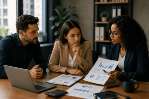 Reunião de gestão condominial com análise financeira em São Paulo
