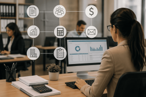 profissional analisando dados em sistema de gestão condominial em escritório