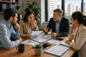reunião de gestão de condomínio com análise de relatórios e tomada de decisão