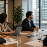 Reunião de gestão em condomínio comercial com síndico e administradora discutindo estratégias para administração de condomínios comerciais.