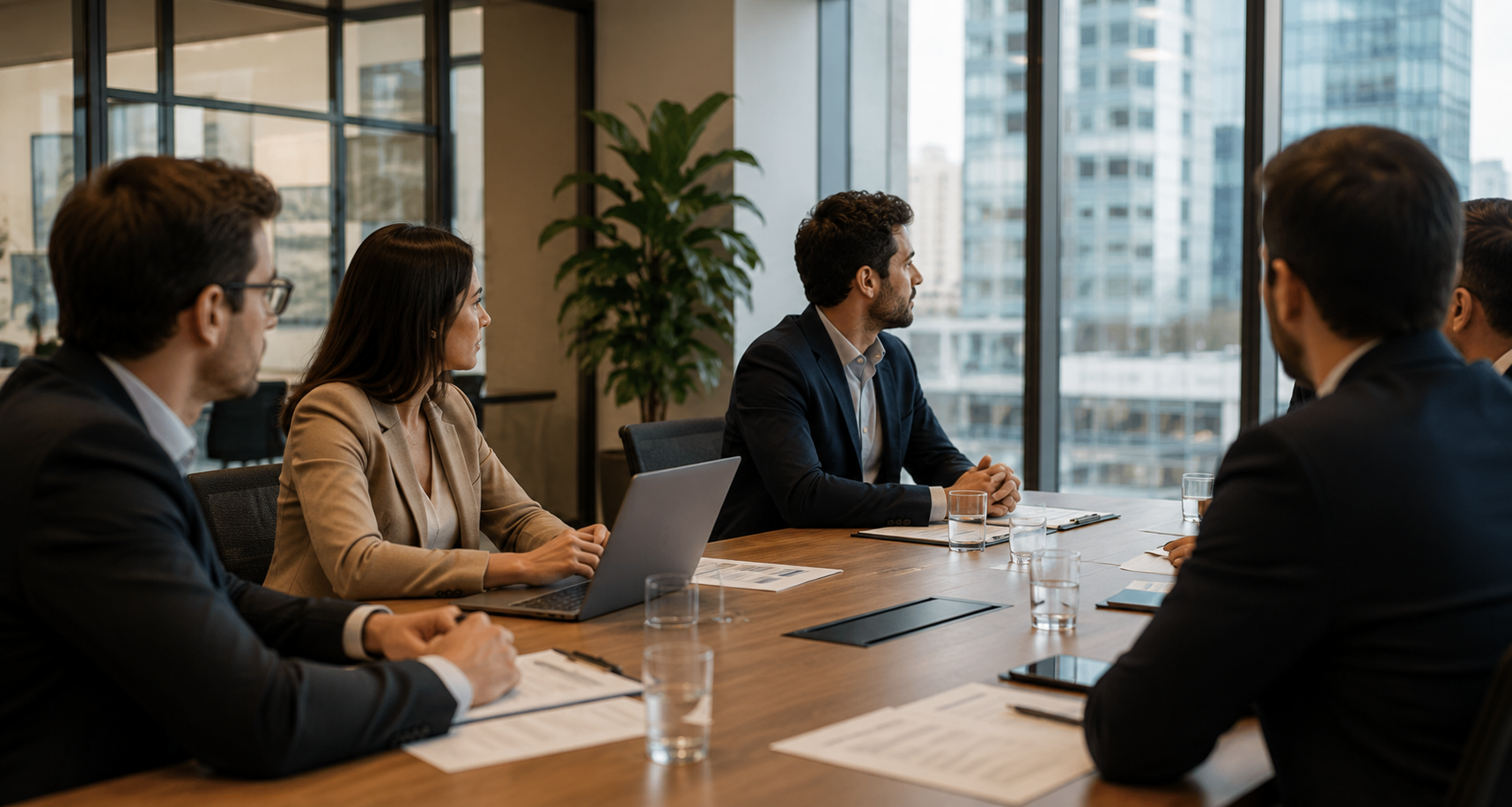 Reunião de gestão em condomínio comercial com síndico e administradora discutindo estratégias para administração de condomínios comerciais.