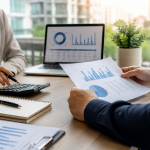 Profissionais analisando indicadores financeiros para reduzir a inadimplência no condomínio.